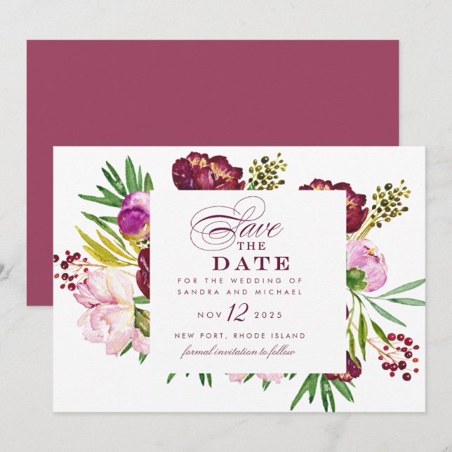 Floral de Borgoña salva la invitación a la cita (Anverso / Reverso)