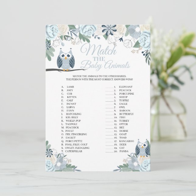 Floral de búho azul juego con la tarjeta de juego  (Anverso de pie)