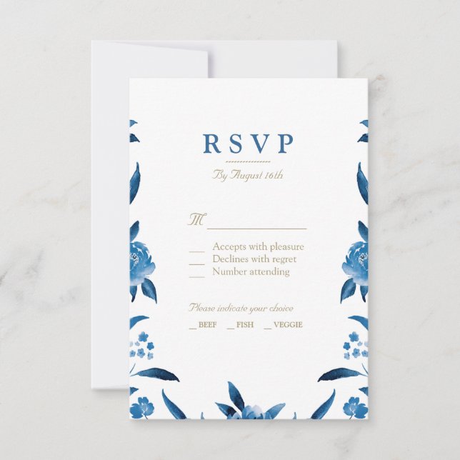Floral de color azul Chinoiserie Wedding RSVP (Anverso)