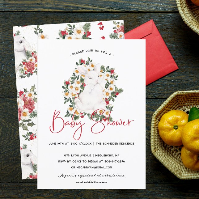 Floral de conejo de invierno | Invitación de Baby  (Subido por el creador)