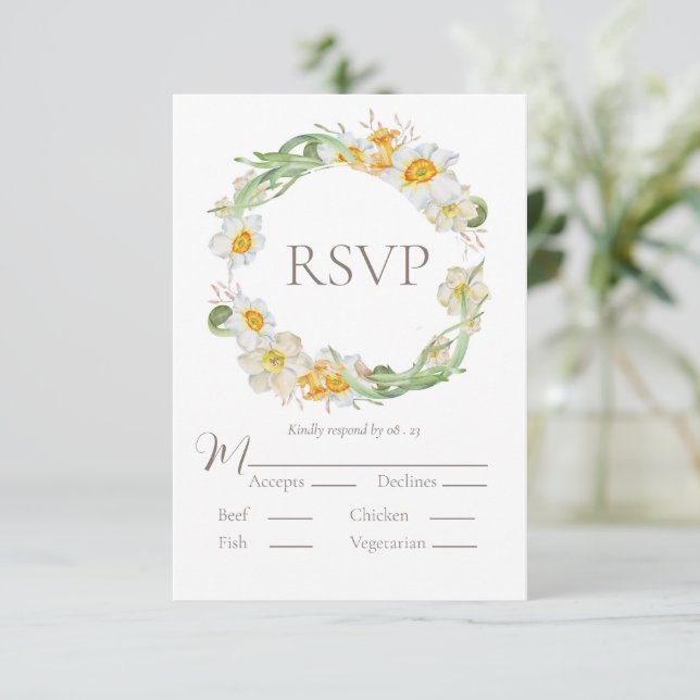 Floral de Daffodil blanco y amarillo RSVP (Anverso de pie)