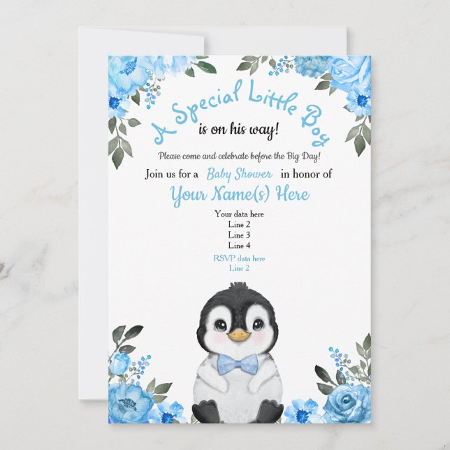 Floral de invitación a Baby Shower en pingüino azu (Anverso)