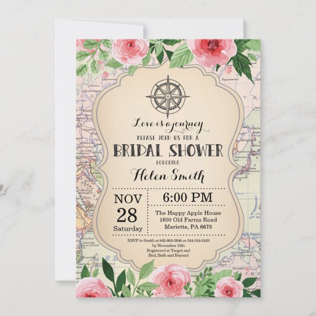 Floral de invitación a ducha de novia para viajes (Anverso)