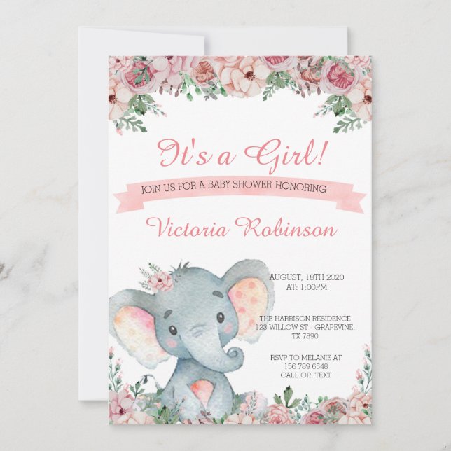Floral de invitación a la ducha de bebé elefante (Anverso)