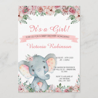 Floral de invitación a la ducha de bebé elefante