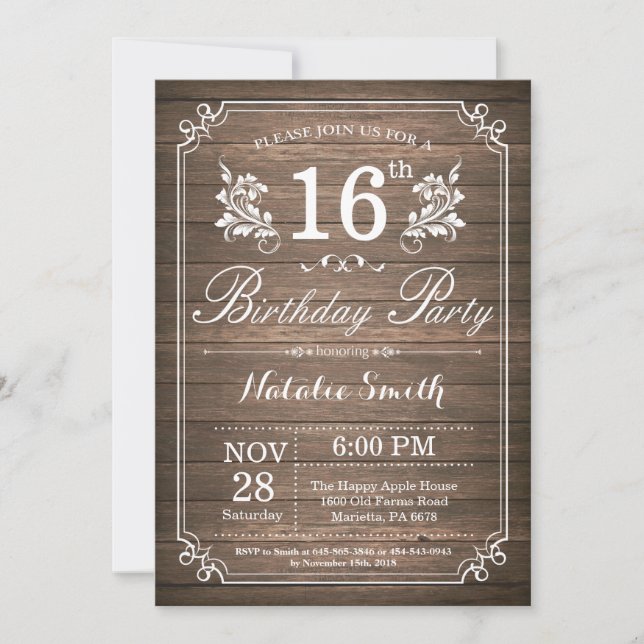 Floral de invitación a los 16 cumpleaños de Rústic (Anverso)