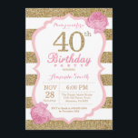 Floral de invitación a los 40 años de color rosa y<br><div class="desc">Invitación a los 40 Años Rosado y Oro. Purpurina rosa y dorado. Rayas rosas y blancas. Flor Floral Rosa. Cumpleaños de adultos. Fiesta de cumpleaños de mujeres. Para una mayor personalización,  haga clic en el botón "Personalizar" y utilice nuestra herramienta de diseño para modificar esta plantilla.</div>