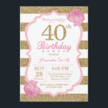 Floral de invitación a los 40 años de color rosa y<br><div class="desc">Invitación a los 40 Años Rosado y Oro. Purpurina rosa y dorado. Rayas rosas y blancas. Flor Floral Rosa. Cumpleaños de adultos. Fiesta de cumpleaños de mujeres. Para una mayor personalización,  haga clic en el botón "Personalizar" y utilice nuestra herramienta de diseño para modificar esta plantilla.</div>