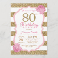 Floral de invitación a los 80 años de color rosa y