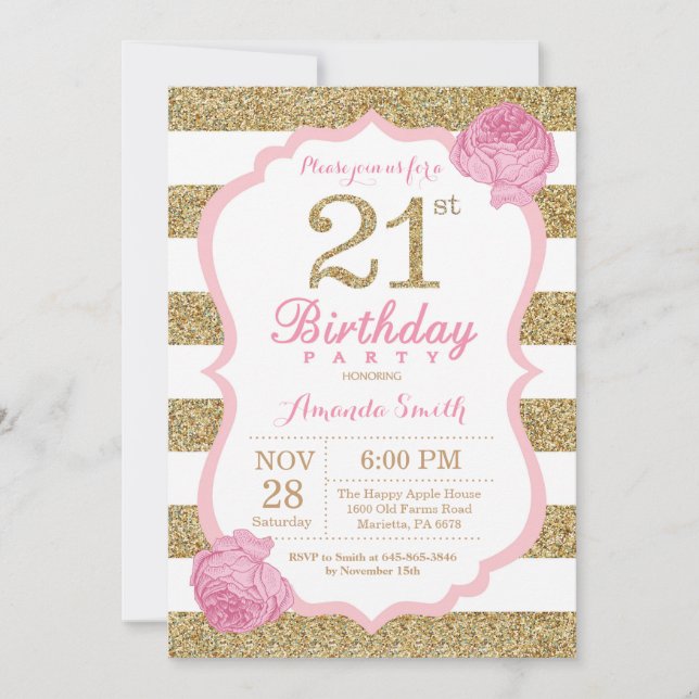 Floral de invitación al cumpleaños 21ª rosa y dora (Anverso)