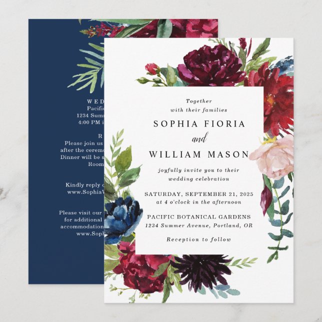 Floral de la Marina Borgoña Todo En Invitación De  (Anverso / Reverso)