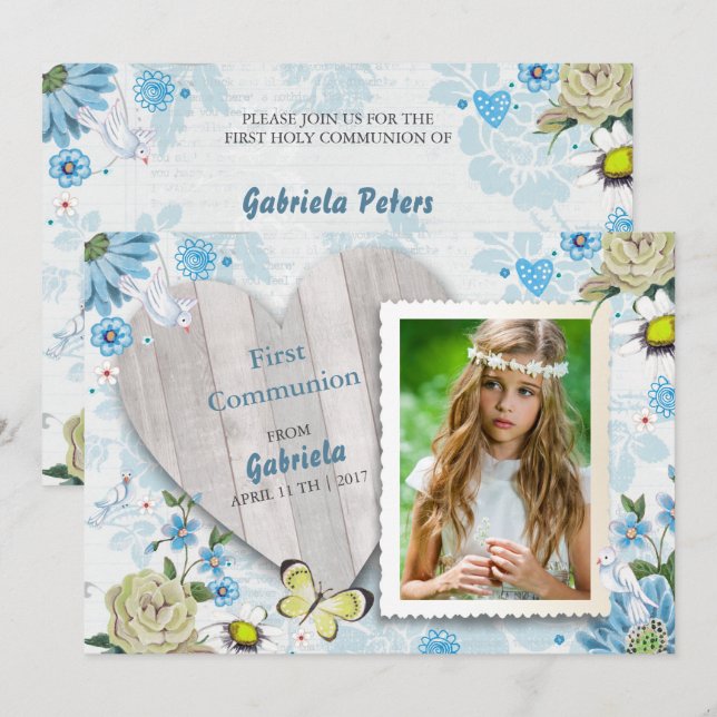 Floral de la primera comunión sagrada | Invitacion (Anverso / Reverso)
