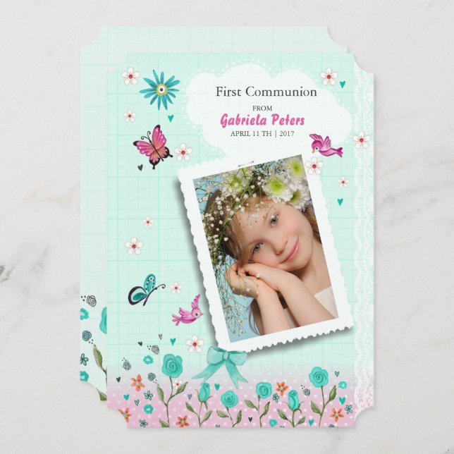 Floral de la primera comunión sagrada | Invitacion (Anverso / Reverso)