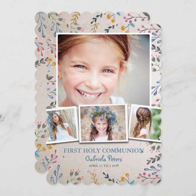 Floral de la primera comunión sagrada | Invitacion (Anverso / Reverso)