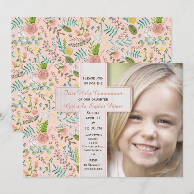 Floral de la primera comunión sagrada | Invitacion (Anverso / Reverso)
