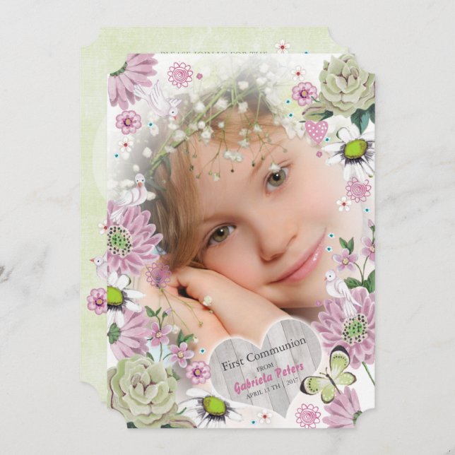 Floral de la primera comunión sagrada | Invitacion (Anverso / Reverso)