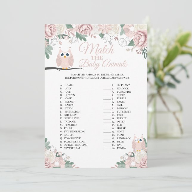 Floral De Lechuza Rosada Coincide Con La Tarjeta D (Anverso de pie)