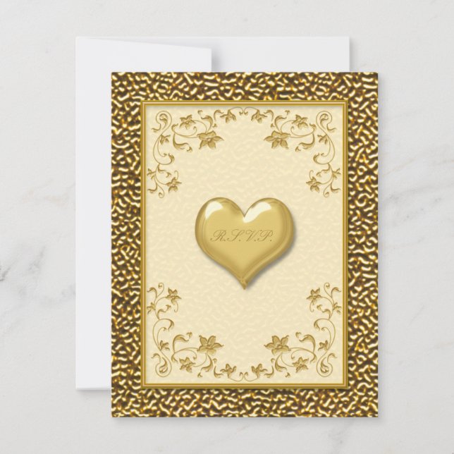 Floral de marfil con tarjeta RSVP Gold Heart (Anverso)