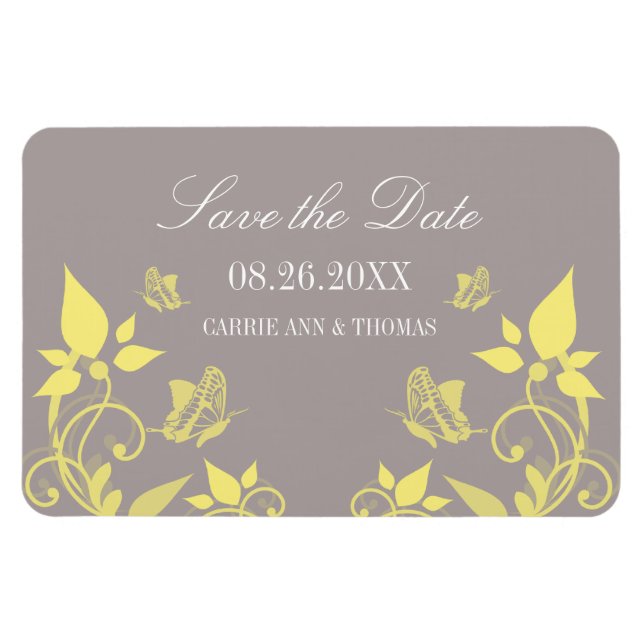 Floral de mariposa amarilla salva el imán de fecha (Horizontal)