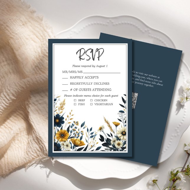 Floral de oro azul de forma elegante boda RSVP (Elegant Formal Wedding RSVP Blue Yellow Wildflower Floral with QR Code for Wedding Website.)