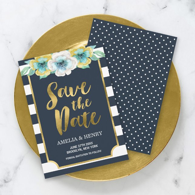 Floral de oro azul y falso Guardar la invitación d (Subido por el creador)