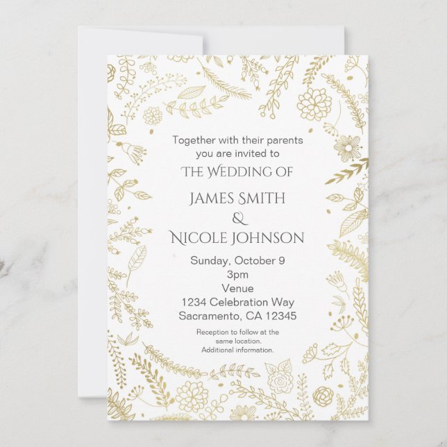 Floral de oro deja invitaciones de boda rústica (Anverso)