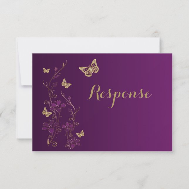 Floral de oro morado con mariposas Tarjeta RSVP 2 (Anverso)