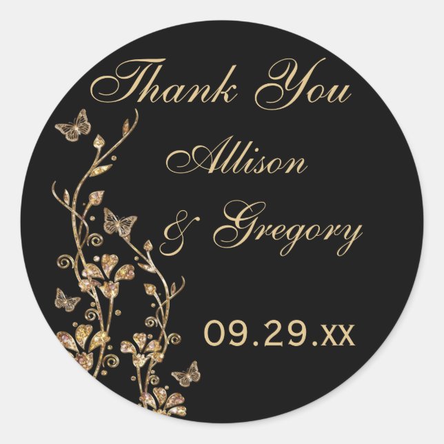 Floral de oro negro con mariposas Pegatina (Anverso)