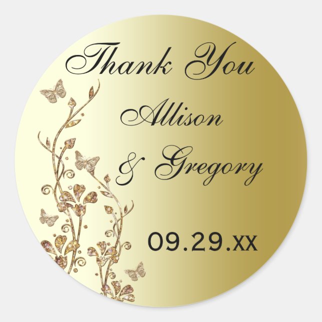 Floral de oro negro con mariposas Pegatina (Anverso)