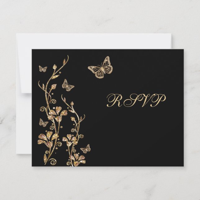 Floral de oro negro con tarjeta de respuesta de ma (Anverso)