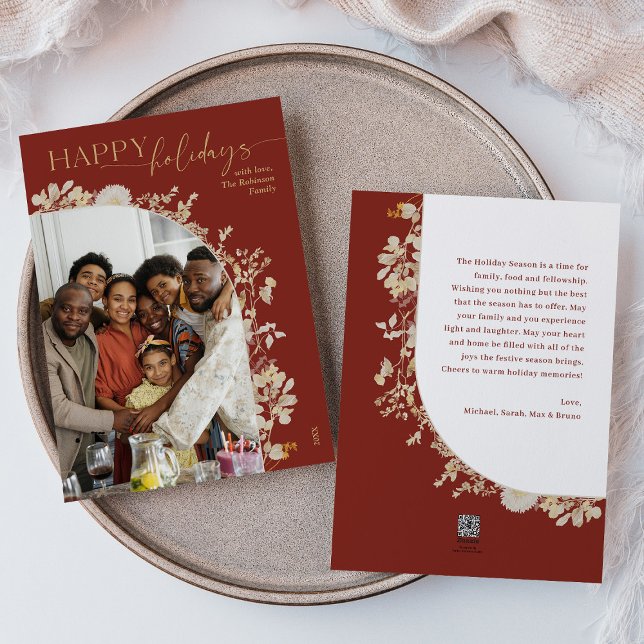 Floral de oro rojo moderno 1 tarjeta de vacaciones (Subido por el creador)