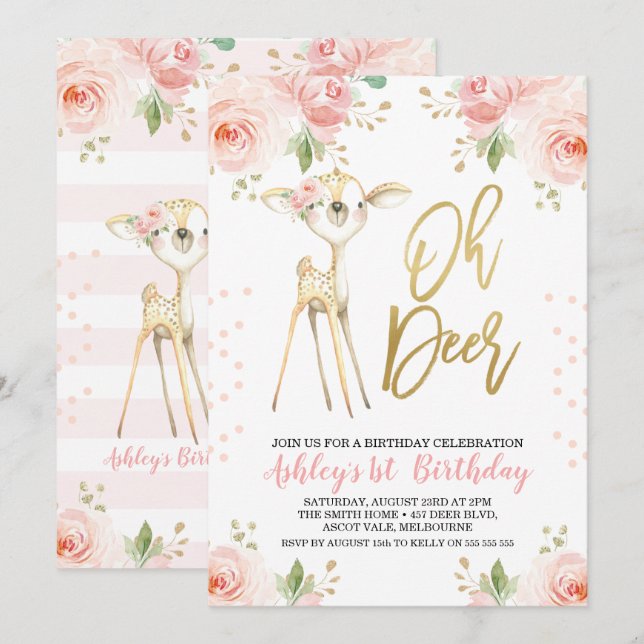 Floral de oro rosa Oh Invitación al cumpleaños de  (Anverso / Reverso)