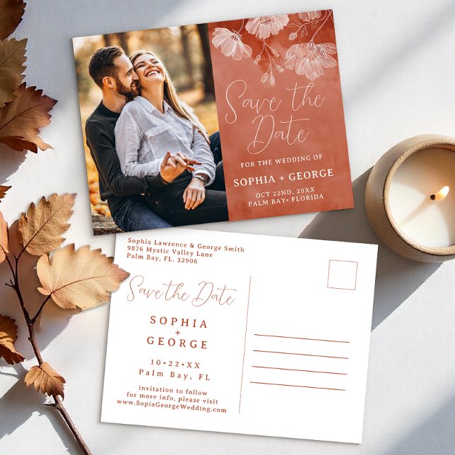 Floral de otoño de Terracota Guardar postal de fec (Save The Date)