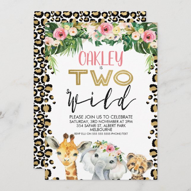 Floral de piel de leopardo dos invitaciones de cum (Anverso / Reverso)