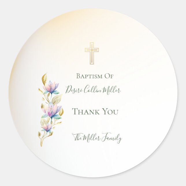 Floral de Rubor y Lilac, pegatinas de bautismo cru (Anverso)