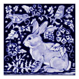 Floral Dedham Indigo Poster de Conejo Azul y Blanc
