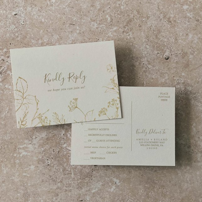 Floral dorada | Tarjeta postal RSVP de selección d (Subido por el creador)