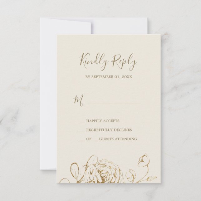 Floral dorada | Tarjeta RSVP simple crema y dorada (Anverso)