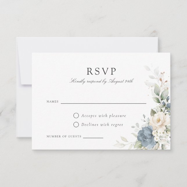 Floral Dusty Blue Greenery Wedding Tarjeta RSVP (Anverso)