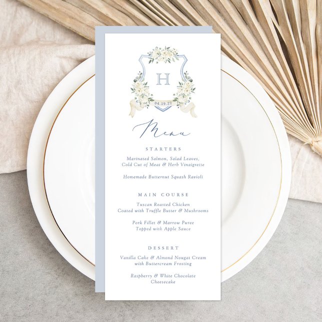 Floral Elegant Dusty Blue White Wedding Crest Menu (Subido por el creador)