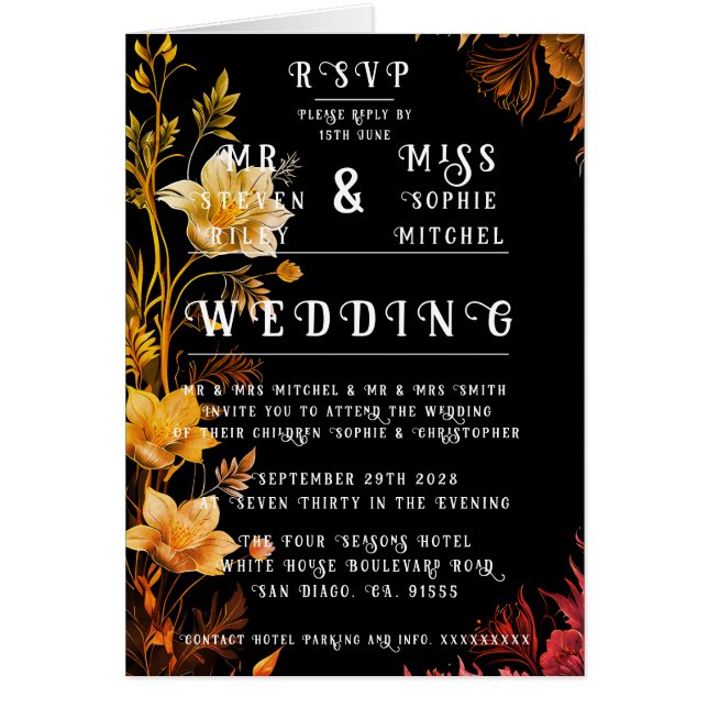 Floral elegante de color negro y oro (Frente)