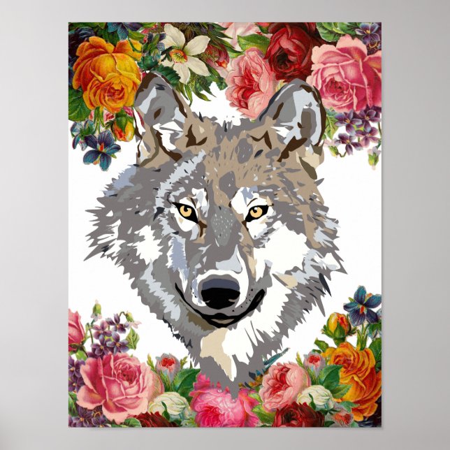 Floral Elegante Lobo Pequeño Poster de Arte Pared (Frente)