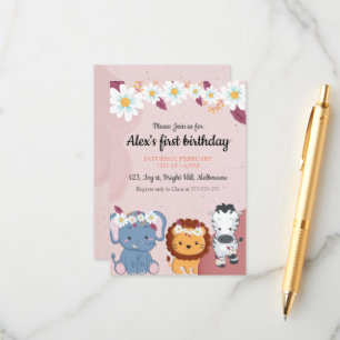Floral Elephant Lion Zebra 1ª invitación de cumple