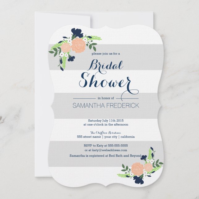 Floral en rayas grises - Invitación a la ducha nup (Anverso)