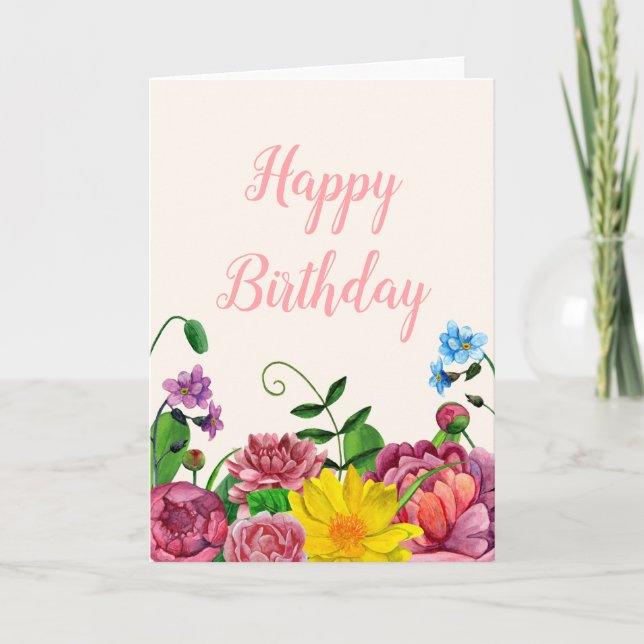 Floral feliz tarjeta de cumpleaños. Flores acuátic (Anverso)