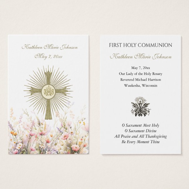 Floral First Holy Communia Remembernación Card (Anverso y reverso)