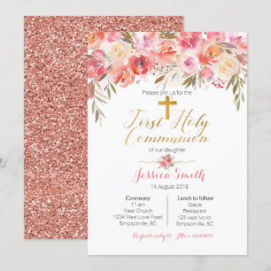 Floral First Holy Communition Invitaciones Rosa Go