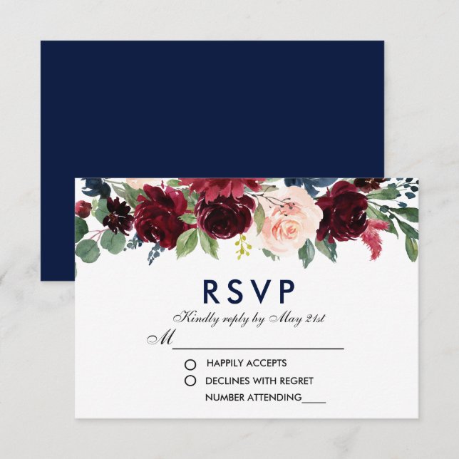 Floral Floral Azul Borgoña Boda RSVP B (Anverso / Reverso)