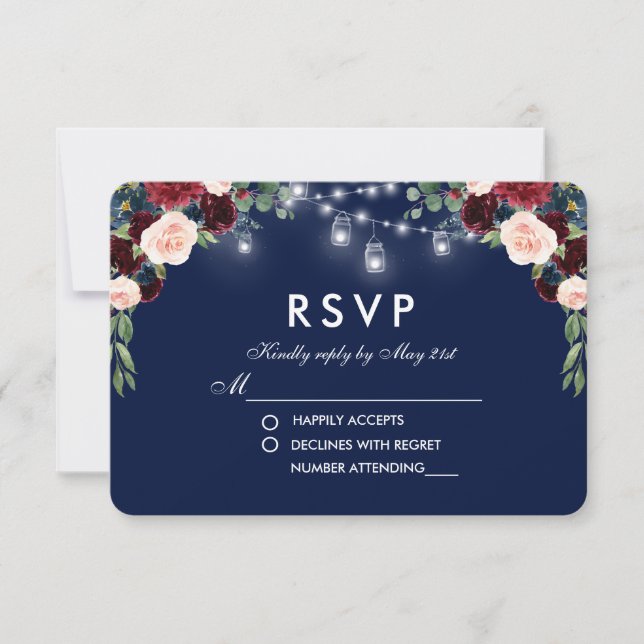 Floral Floral Azul Borgoña Jars Wedding RSVP (Anverso)