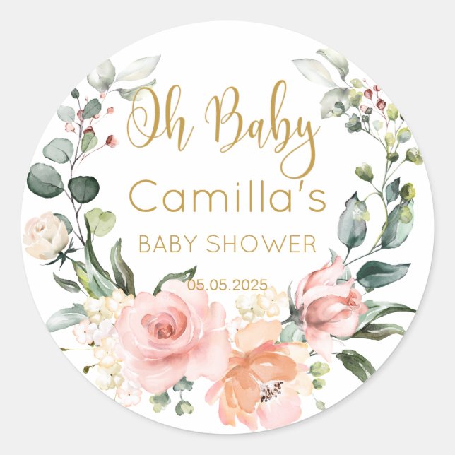 Floral floral Baby Shower Classic Round Pegatina (Anverso)